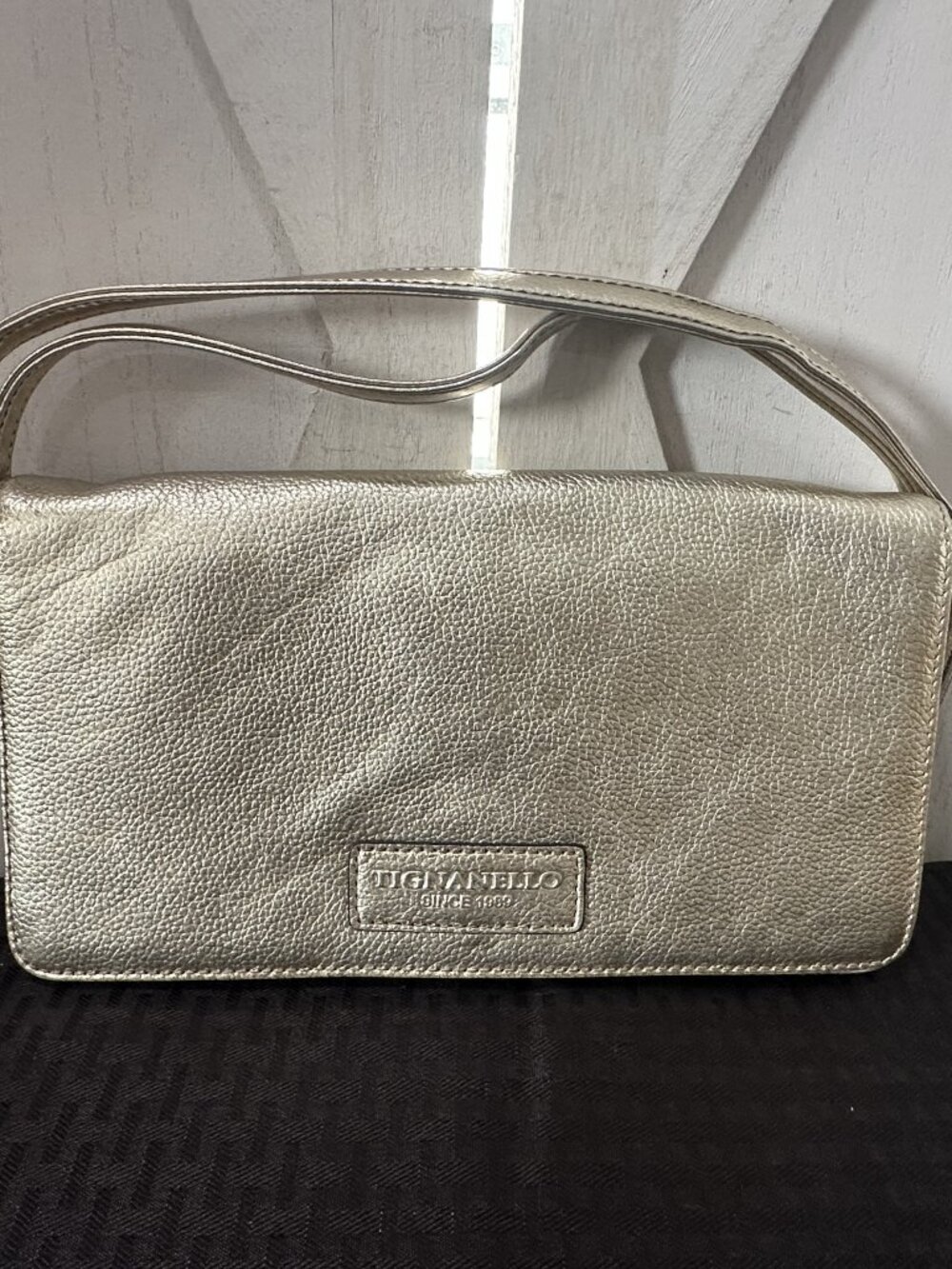 Tignanello Metallic Gold Leather Crossbody Clutch | Removable Strap